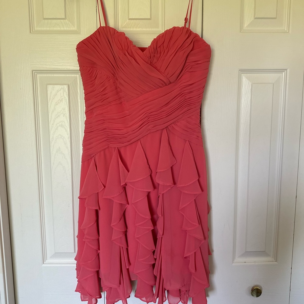 Max and Cleo Designer Coral Ruffled Spaghetti Strap Coral Dress